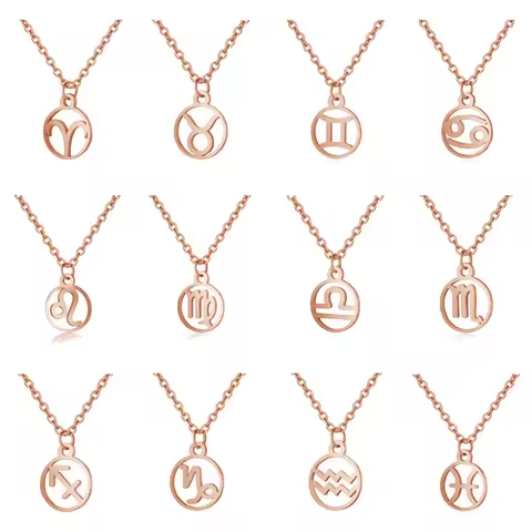 Simple 12 Zodiac Signs Necklaces for Women Rose Gold Color Leo Capricorn Aquarius Virgo Gemini Aries