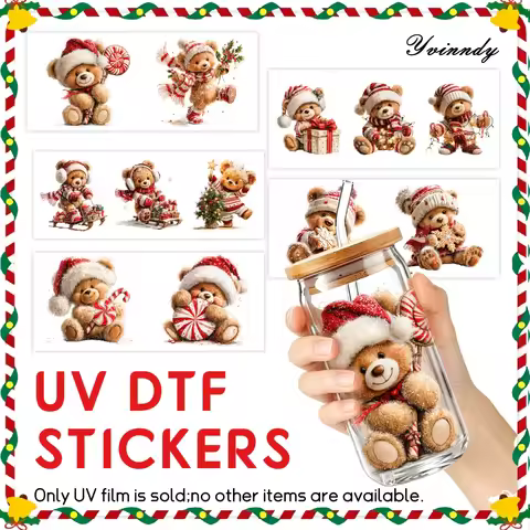 5Pcs/Set Christmas Teddy Bear 16OZ Glass Jar Transfer Paper UVDTF High Self-Adhesive Transfer Paper 