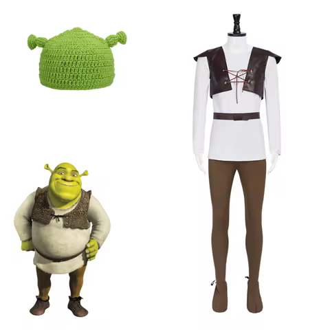Adult Men's Shrek Cosplay Outfit Medieval Hunter Costume Green Ogre Ears Knitted Hat Halloween Carni