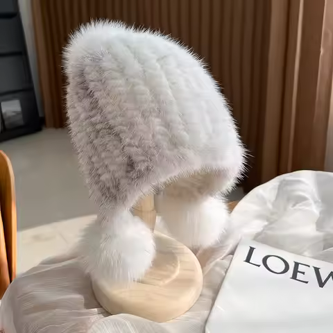 Fashion Winter Luxury Women Solid Knit Real Fur Bomber Hats Women Mink Fur Caps Fox Fur Earmuffs Hat