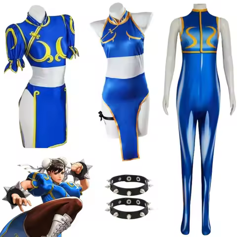 Li Costumes Blue Cheongsam Dress Sutorito Faita Games Chun Li Cosplay Bodysuit Halloween Party Women