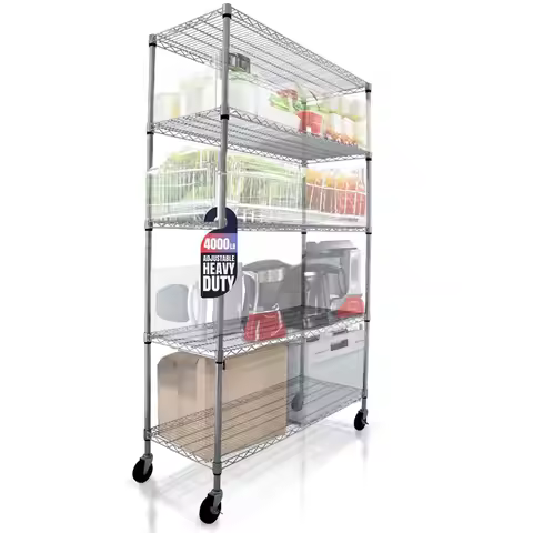 LBS Heavy Duty Wire Rack 48 x 18 x 76, 5Tier NSF Commercial Rolling Rack with Wheels, Chrome Metal S