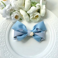 花邊雙色氣質大款蝴蝶結彈夾髮夾-藍+灰