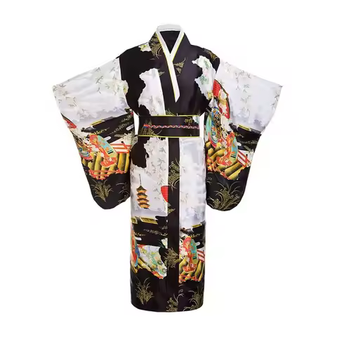 Black Woman Lady Japanese Tradition Yukata Kimono With Obi Flower Vintage Evening Dress Cosplay Cost
