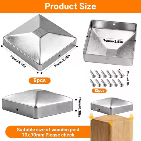 Silver Zinc Steel Post Caps Pyramid Design Fence Top Cover Accessory for Wooden 70x70mm Posts Outdoo