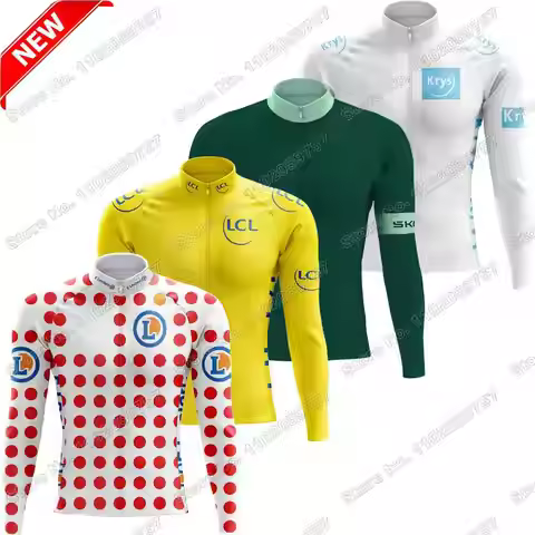 2025 France TDF Cycling Jersey Long Sleeve Men Cycling Clothing Yellow Green White Polka dot Road Bi