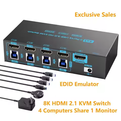 8K HDMI 2.1 KVM Switch 4 Port USB3.0 8K@60Hz/4K@144Hz 4 In 1 Out KVM Switch EDID Emulator for 4 PCs 