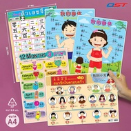 Plastic Knowledge Sheet A4 Size (Chinese Body Vocabulary Numbers pinyin) Learn In 3 Languages Thickn