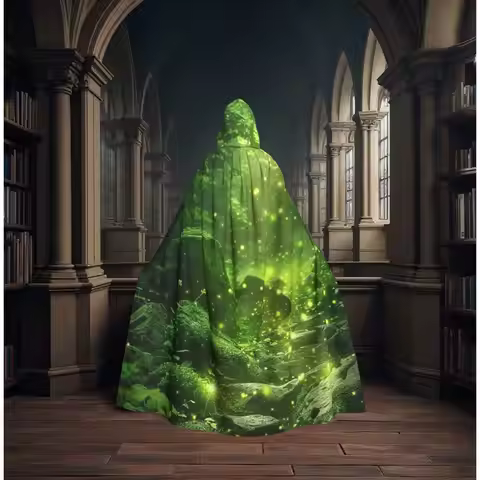 Glowing Emerald Magical Enchanted Forest Viking Goddess Long Hooded Cloak Witch Medieval Costume Cos