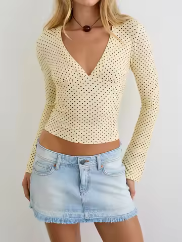 JULISSA MO Print Polka Dots Deep V-neck Women T-shirt Long Sleeve Casual Short T-shirt Summer Skinny