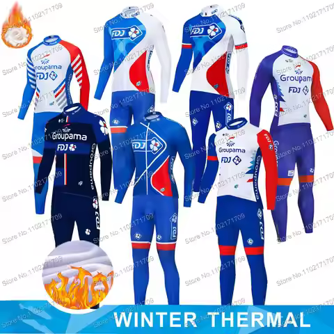 Winter Fleece Retro Groupama FDJ Team Cycling Jersey Mens Set Autumn Long Sleeve Cycling Clothing Th
