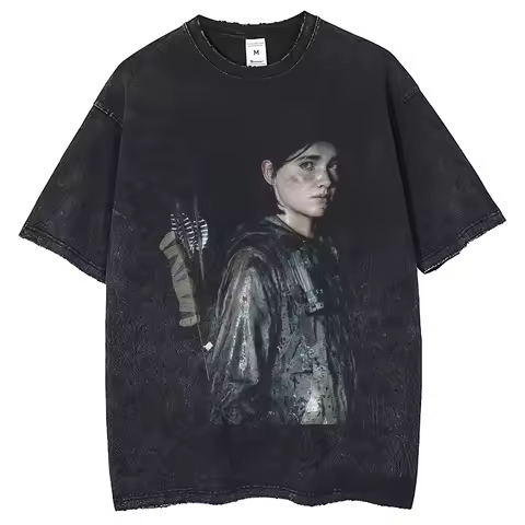 2025 Men's The Last of UsT T-shirt Harajuku Wash Vintage Ellie Portrait DTG Printed T-shirt Cotton S