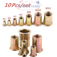 CHIHIRO1X3EE 10pcs Flat Head Rivnut, M3 M4 M5 M6 M8 M10 M12 Threaded Rivet Carbon Steel Rivnut,  Met
