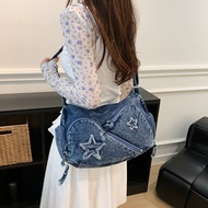 Beg silang badan kasual wanita bergaya artistik vintaj denim baharu dengan pelbagai poket, beg biker