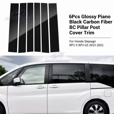 6Pcs Glossy Piano Black Carbon Fiber Sticker Door Side Window BC Pillar Post Cover Trim For Honda St