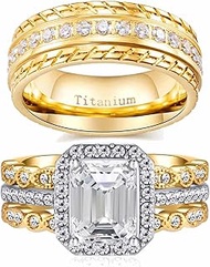 Couple Rings 4pcs Matching Rings 1ct AAA CZ Yellow Gold Plated Women Wedding Ring Sets for Him and H