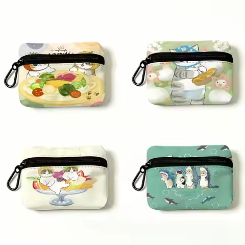 M-Mofusand Cute Cat Cartoon Compact Oxford Cloth Zipper Pouch Detachable Carabiner Mini Coin & Key W