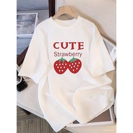 2025 Baru Wanita Gaya Y2K Cetak Strawberi Comel T-Shirt Lengan Pendek, Longgar, Leher Krew, Corak Ka
