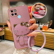 Casing Realme c21y c25y Electroplating Hello Kitty Cosmetic Mirror Stand Soft Case With Lanyard
