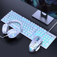 其他品牌 - 電競設備-白色冰藍光鍵盤+有線電競滑鼠+電競耳機