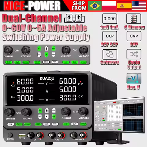 Nice-Power Dual Channel Lab Power Supply, Independent (Dual 30V 10A 300W), Series (60V 10A 600W), Pa