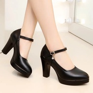 High Heels Platform Pumps Mujer 2022 Spring New Fashion Buckle Solid Black Shoes Woman PU Leather Waterproof Shoes Femme