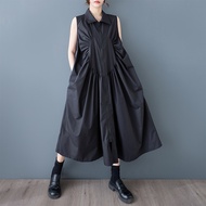 XITAO Zipper Pleated Lapel Dress Casual Sleeveless Solid Color Turn-down Collar A-line Patchwork Su