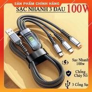 100W 3-Head Fast Charging Cable 1.2m Long. 3-in-1 Anti-break Fast Charger - 3 in 1 Charging Cord, 4 