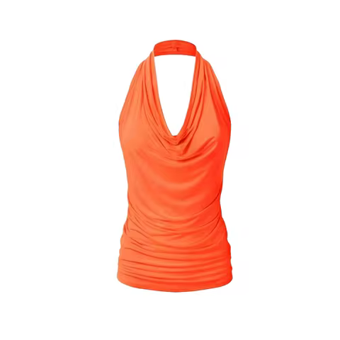 Plus Size Orange Halter Neck Cowl Ruched Waist Tank Top
