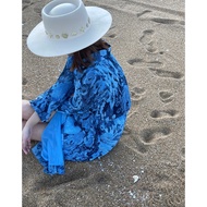 Ganni22 Spring Summer New Style Small Octopus Blue Pleated Ganni22 Gauze Long-Sleeved Shirt Mid-Leng