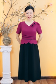 Đầm xòe trung niên cho mẹ - Cổ tim kết hoa tay ngắn - Đen hồng - TTV Store thời trang nữ TTV1898