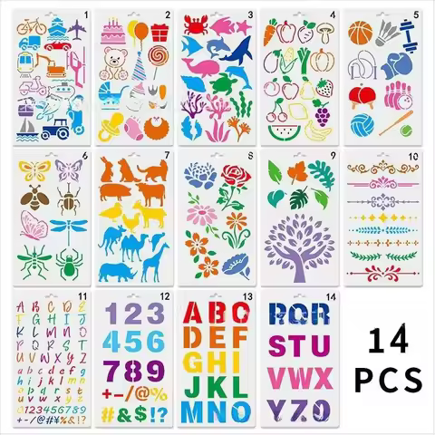 14pcs English Alphanumeric Drawing Template Hollowed Out Children's Drawing Tool Graffiti Template D