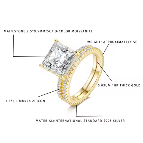 Princess Cut Moissanite Ring for Women 5CT D-Color 9.5*9.5mm Main Stone 1.3/1.0mm 5A Zircon 18K Gold