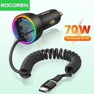 Rocoren 70W USB Type C Car Charger With Spring Cable Fast Charging Type-C USBC Car Quick Charger Ada