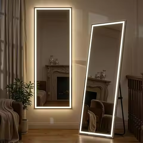 Modern Aluminum Rectangular LED Floor Mirror 71"x26" Dimming 3-Color Lighting Framed Adjustable Hang