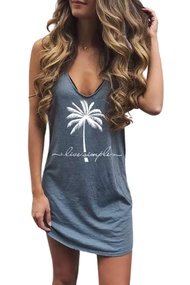 Live Simple Coconut Tree Sleeveless Mini Dress Sunshine Sand Beach Mini Dress Women's Summer Casual 