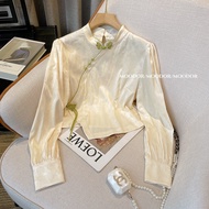 New Chinese Style Satin Short Shirt Womens Spring Autumn Cheongsam Zen Meaning Uneven Collar Long Sl