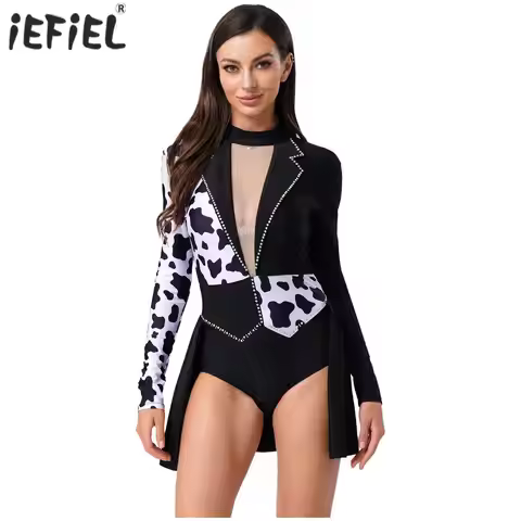 Womens Cruel Devil Costume Halloween Cosplay Open Front Skirt Bdoysuit Spotty Leotard Dress for Carn
