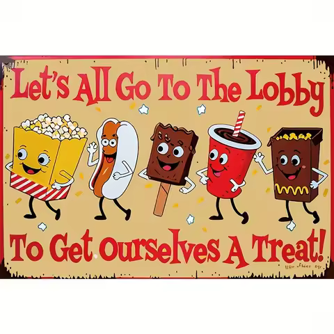 Vintage Metal Wall Decor Sign - 12"x8" Retro Movie Theatre & Gaming Room Snacks Art with "Let's All 