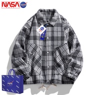 NASA co-branded อเมริกันลายสก๊อตชุดเบสบอลเสื้อสเวตเตอร์ถักผู้ชายหลวมเสื้อแจ็คเก็ตเสื้อนักเรียนชุดเบส