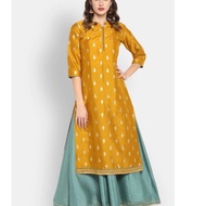 Janasya Mustard & Green Fit and Flare Dress