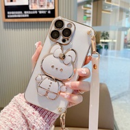 Samsung Galaxy J3 J5 J7 Pro J2 Prime J4 J6 Plus A7 2018 A750 Note 8 9 10 20 Ultra Note10 Lite Plus A81 Cartoon Rabbit Mirror Holder KickStand Stand Strap Lanyard Plating Soft Phone Case Back Full Cover