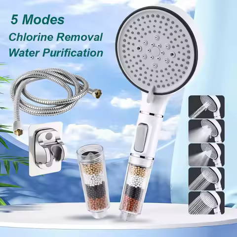 Bathroom Shower Head with Stop Button 5 Mode Anti Limestone Filter Hygienic Remove Chlorine Handheld