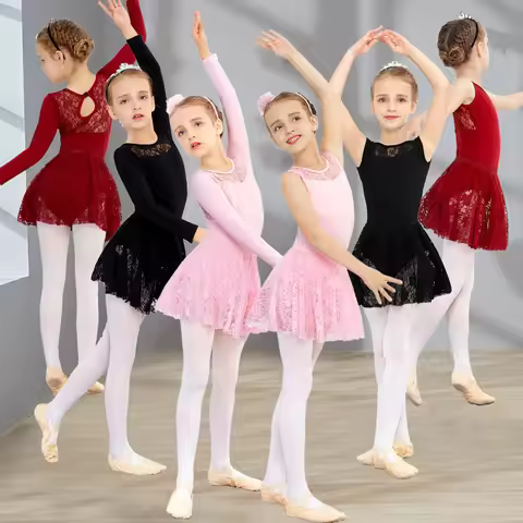 Kid Girl Ballet Dance Leotards Long/Short Sleeve Black Lace Skirt Suit Girls Kids Ice Skating Dress 