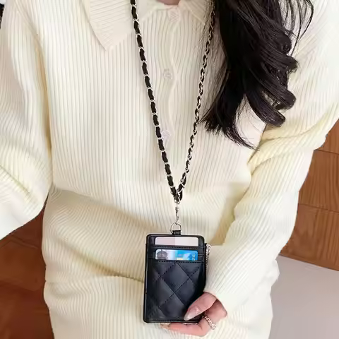 Korean Chain Card Holder PU Leather with Lanyard Photos Protective Cover ID Card Card Holder