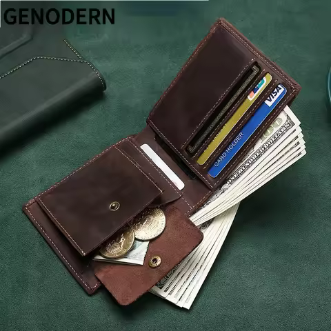 GENODERN New Men's Leather Wallet Business Fashion Retro Crazy Horse Leather Wallet