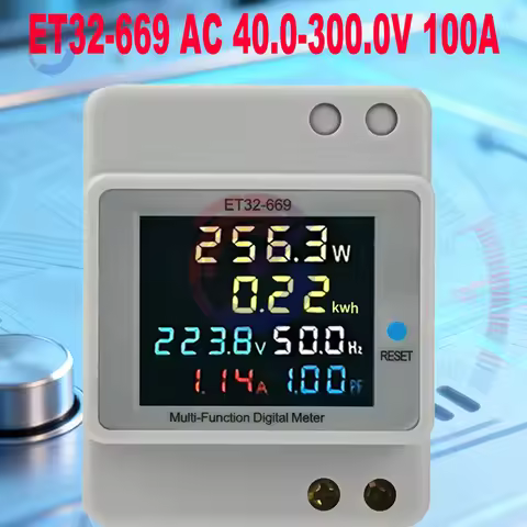 ET32-669 AC Power Meter 40-300V 100A Din Rail Installation with Color Display for Voltage Current Po