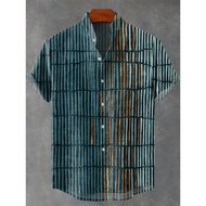 3D Men's Japanese Retro Art Cat Print Short Sleeve Shirt Fashionable Stand up Collar Casual Breathab