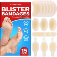 Komoko Blister Bandages for Feet (15 Count), Waterproof Hydrocolloid Blister Bandages, Ultra-Thin Ad