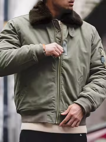 Men's B-15 Bomber Jacket Winter Warm Fur Collar Military Flight Jacket Thick 100% Cotton Motorcycle